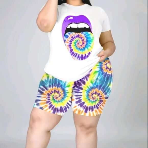 Plus Size Lip Print Short Sleeve Tee & Tie Dye Print Shorts Set Sz 4X - Picture 3 of 3